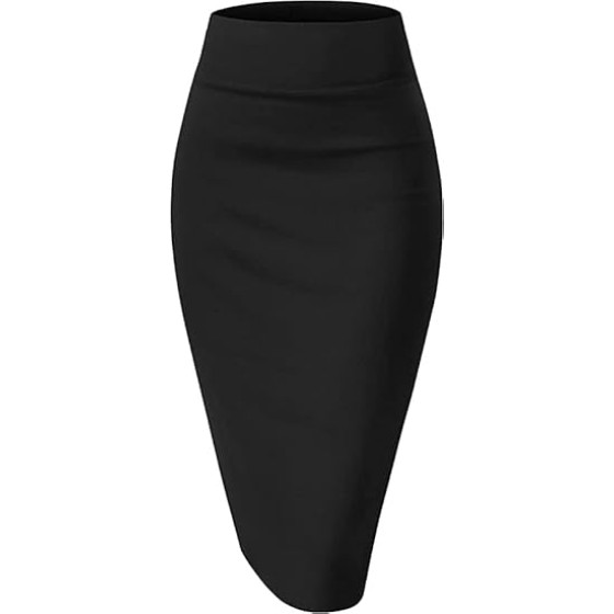 Women’s Basic Stretch Pencil Skirt- Regular & Plus Size- Below Knee Office Midi Bodycon Nylon Skirt Made in USA