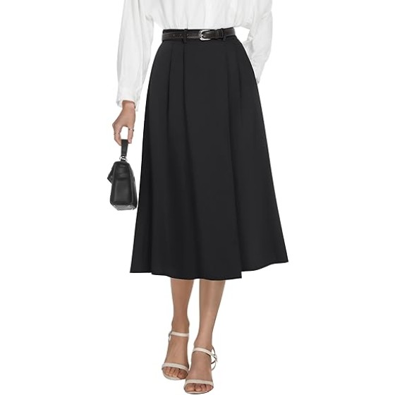 Women's High Waisted Midi Skirts Business Casual Flare Dressy Work A Line Pleated Skirt with Pockets