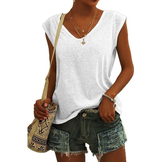 Womens Cap Sleeve Blouses T-Shirt Casual Loose Fit Basic Shirts Tank Tops