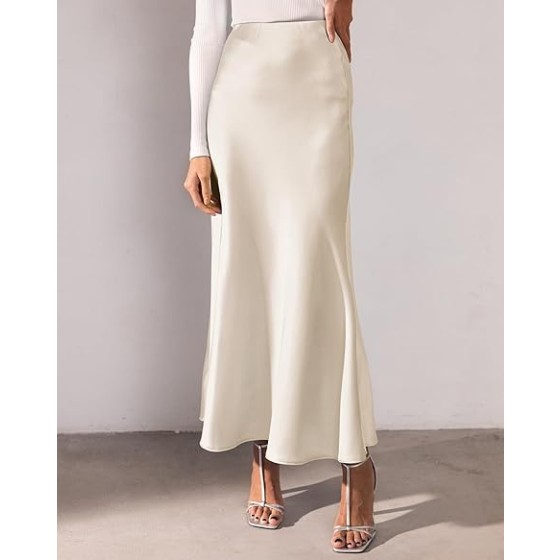 Women's Satin Maxi Skirt High Waisted Elastic Waistband Silk A-Line Casual Party Leopard Print Long Skirts for Women