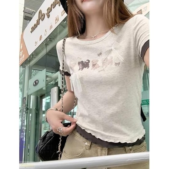 Y2k Bow Cute Kitten Printed Short Sleeved T-Shirt Women's Summer Slimming and Slimming College Style Fake Two Piece Top