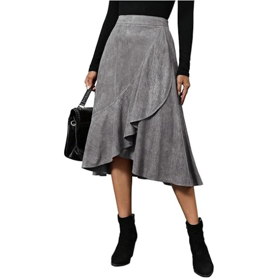Women's Suede High Waist Skirts Ruffle A Line Flowy Midi Skirt